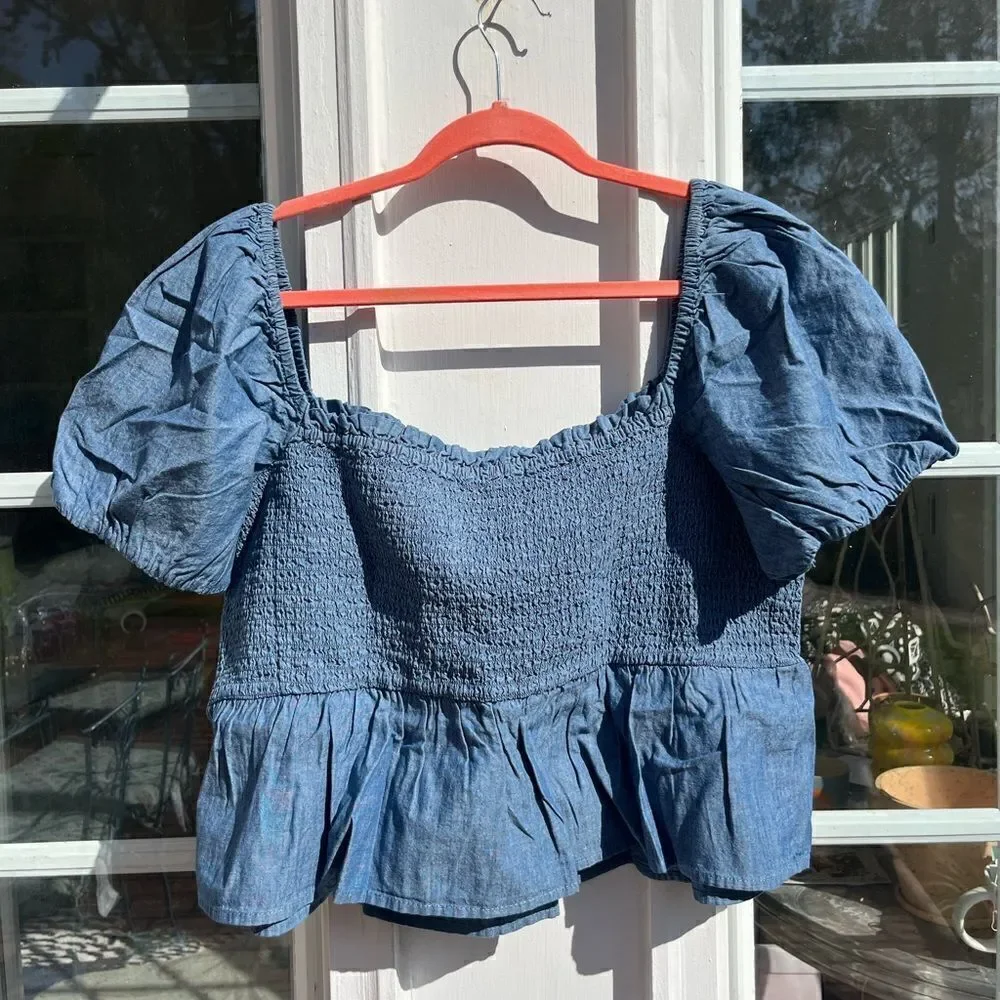 J Crew Chambray Squareneck Smocked Puff Sleeve Top NWT